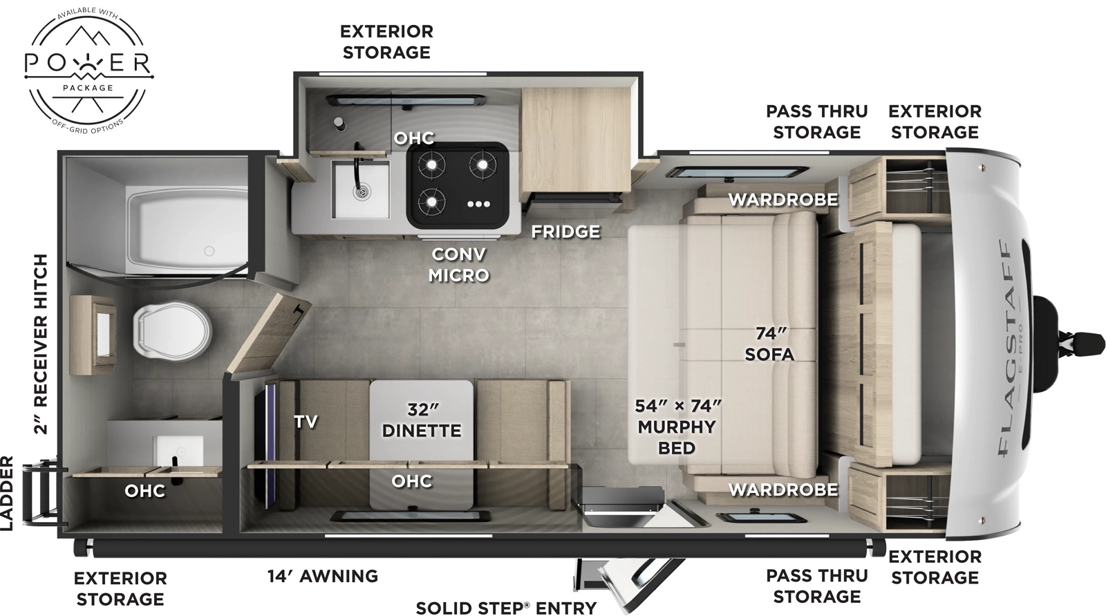 The Flagstaff E-Pro E19FDS floorplan has one entry and one slide out. Exterior features include: fiberglass exterior and 14' awning. Interiors features include: murphy bed and rear bathroom.
